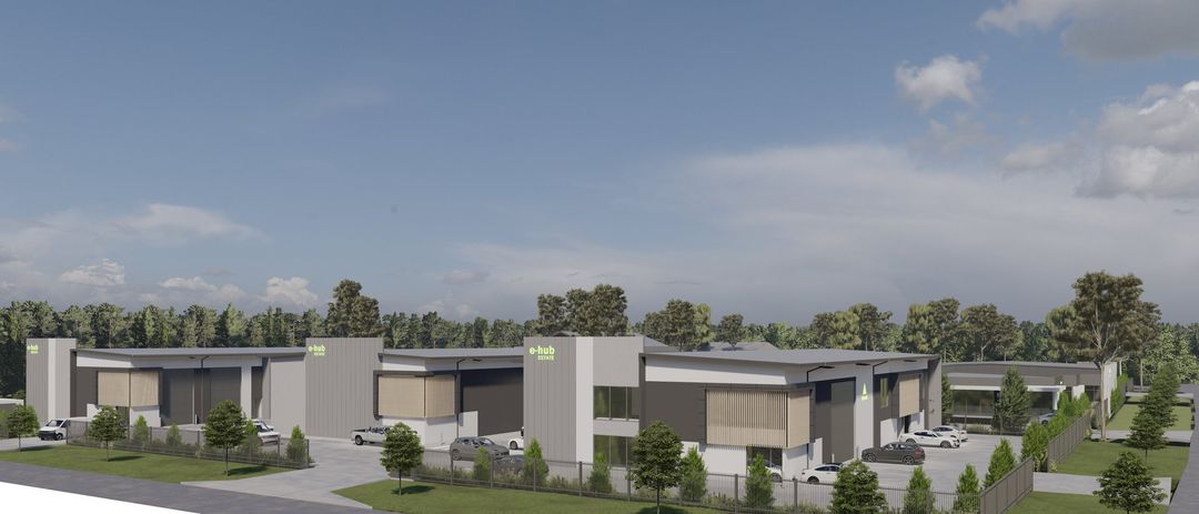 E-Hub Estate, Raceview — the unit row in three-quarter view, concept render