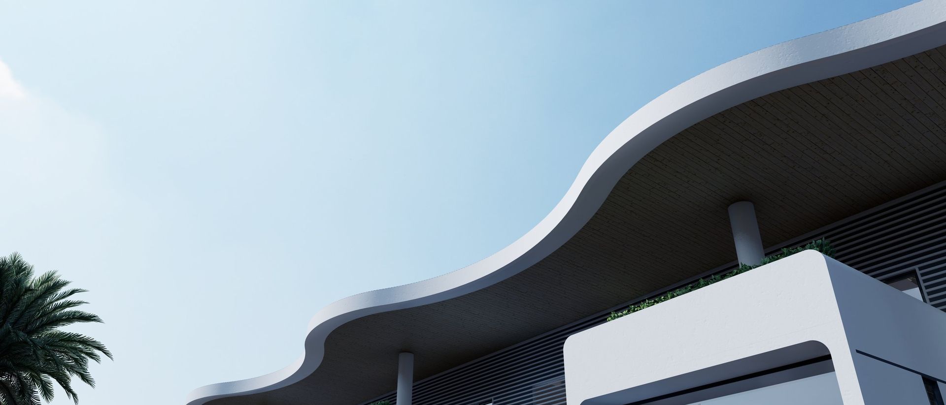 Zero Estate — the curved roof edge against the sky, concept render