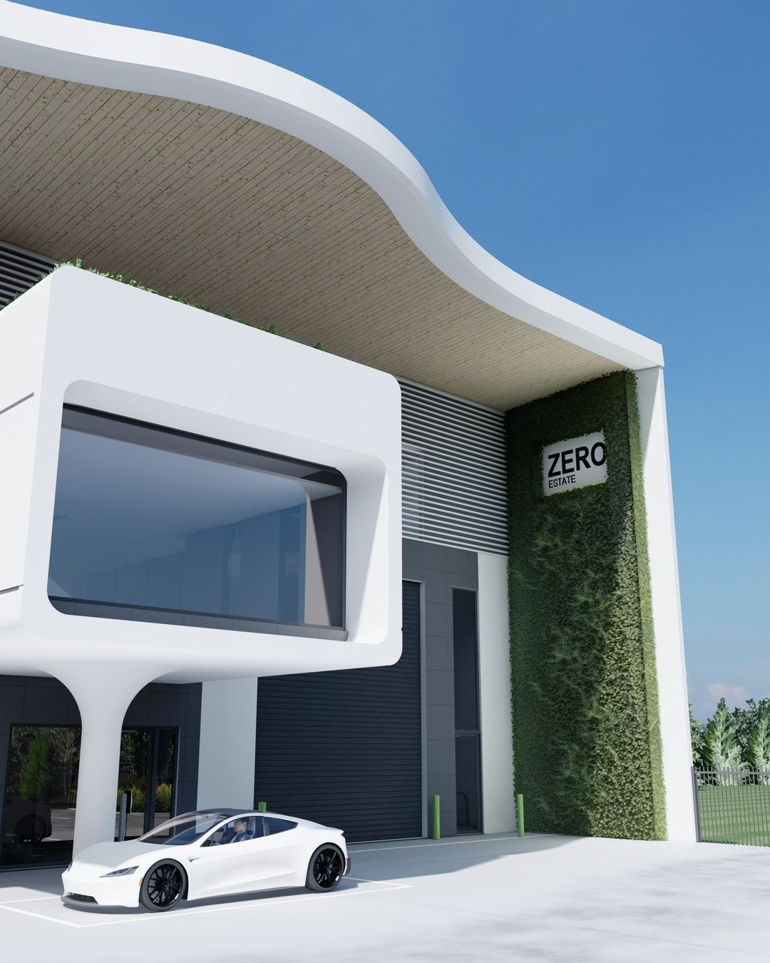 Zero Estate — low corner view under the cantilever, concept render