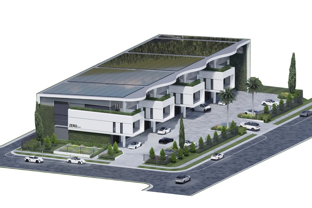 Zero Estate — isometric of the whole site, concept render